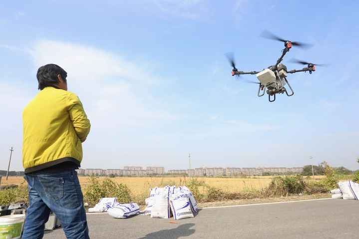 2023年11月15日,浙江嘉兴,南湖区七星街道一处农田里,农民操纵无人机进行冬小麦飞播。